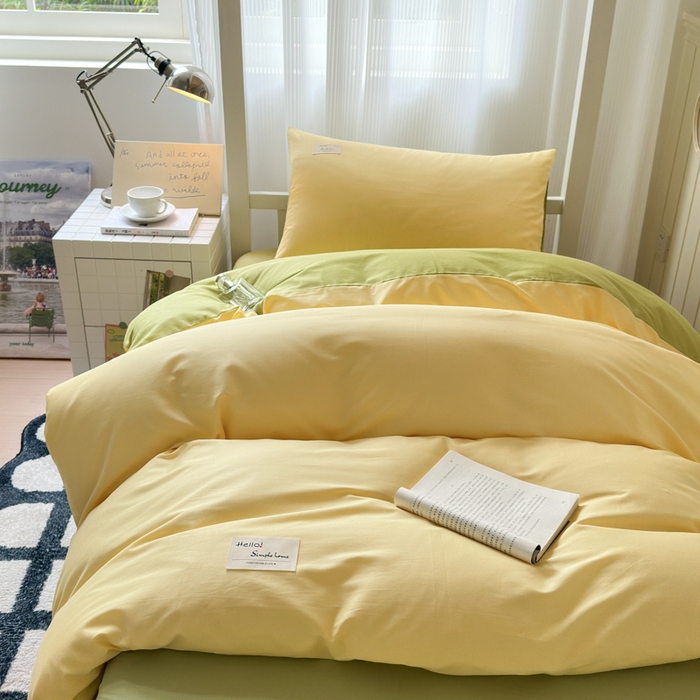 91家纺网 家纺一手货源 找家纺 曼之夏 2025新款全棉拼色纯色宿舍学生三件套 杏黄+草绿