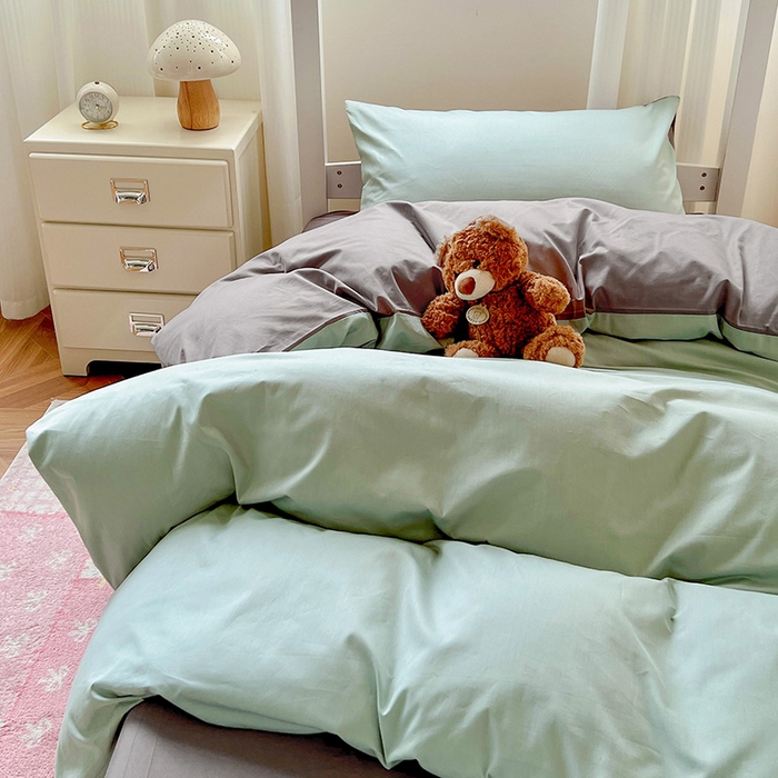 91家纺网 家纺一手货源 找家纺 泽西家纺 2025新款A类加密全棉40支13376简约风宿舍双拼纯色纯棉学生三件套 豆绿+高级灰