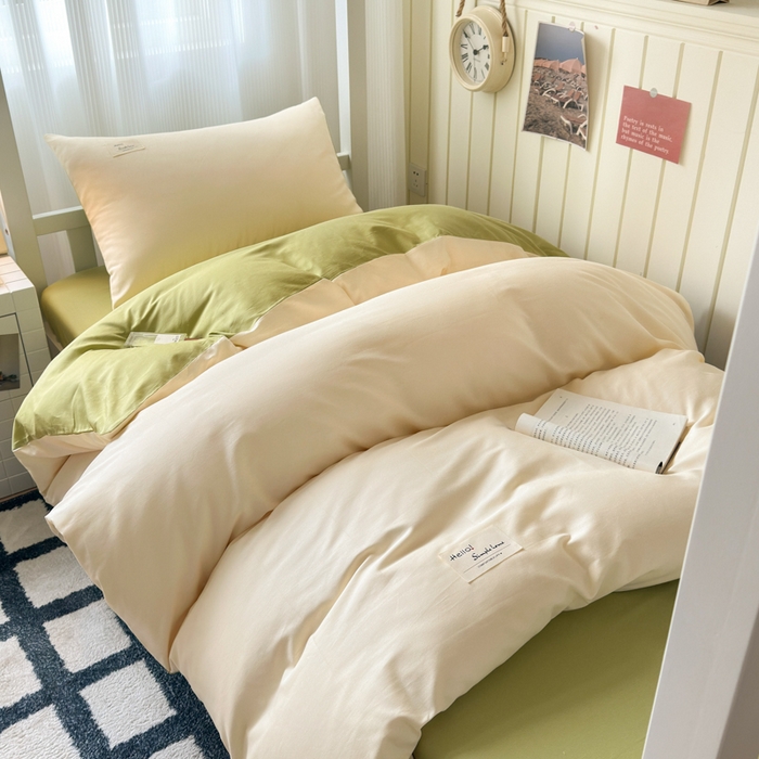 91家纺网 家纺一手货源 找家纺 曼之夏 2025新款全棉拼色纯色宿舍学生三件套 米白+草绿