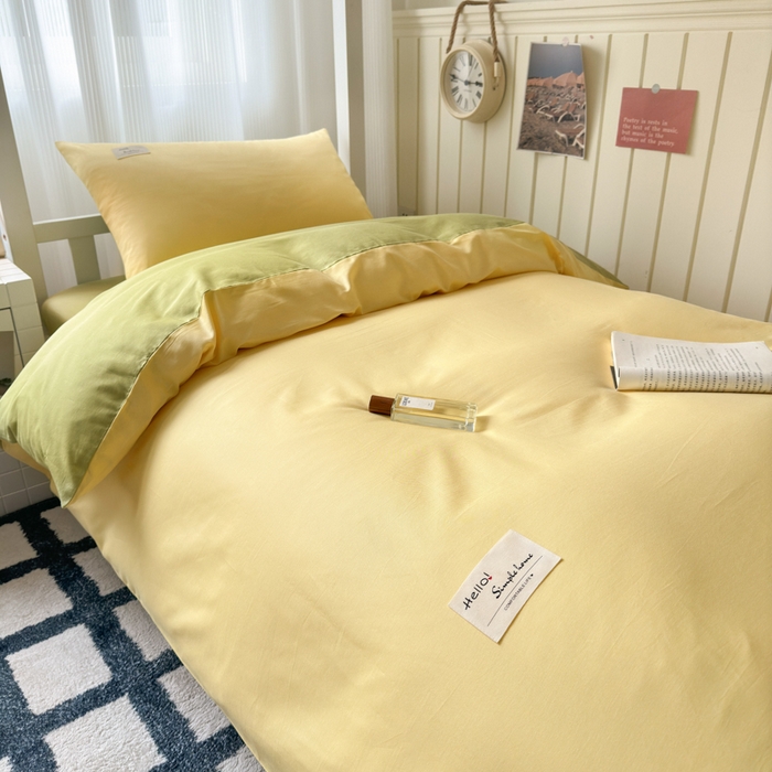 91家纺网 家纺一手货源 找家纺 曼之夏 2025新款全棉拼色纯色宿舍学生三件套 杏黄+草绿