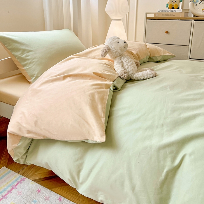 91家纺网 家纺一手货源 找家纺 泽西家纺 2025新款A类加密全棉40支13376简约风宿舍双拼纯色纯棉学生三件套 橄榄绿+奶茶