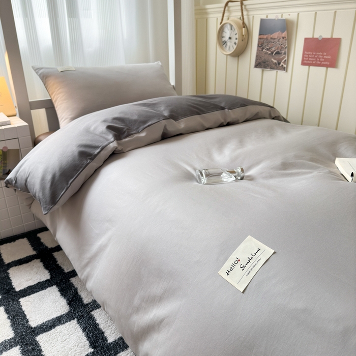 91家纺网 家纺一手货源 找家纺 曼之夏 2025新款全棉拼色纯色宿舍学生三件套 米灰+高级灰