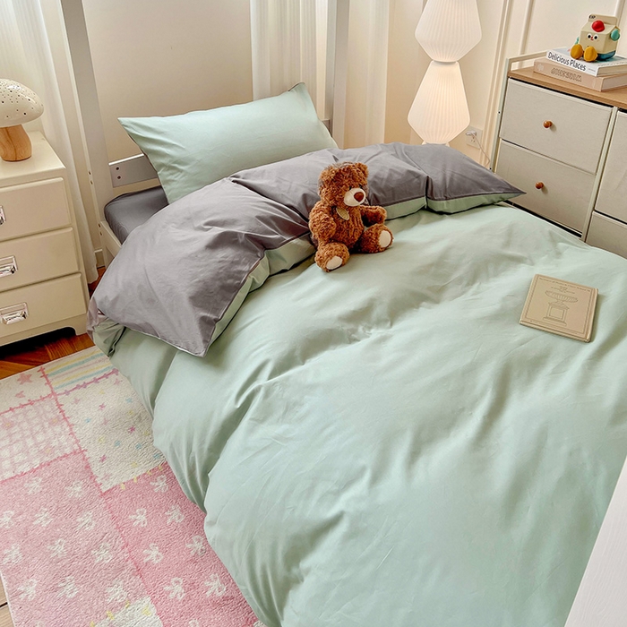 91家纺网 家纺一手货源 找家纺 泽西家纺 2025新款A类加密全棉40支13376简约风宿舍双拼纯色纯棉学生三件套 豆绿+高级灰