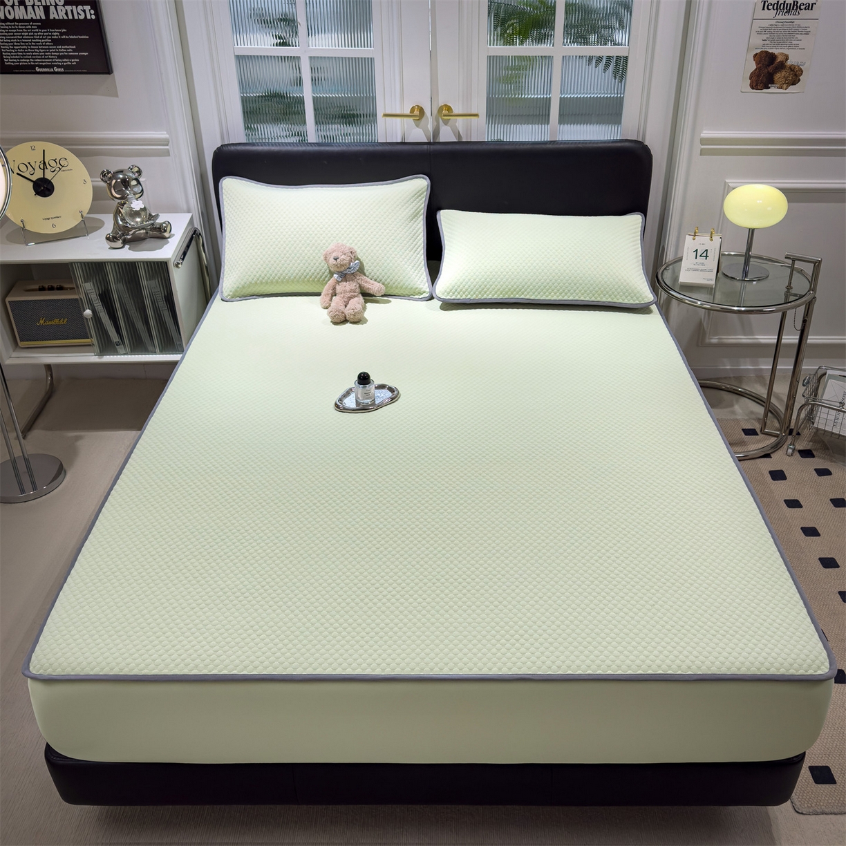 91家纺网 家纺一手货源 找家纺 乐家欣 2025新款A类5A抗菌级针织豆豆床笠系列 豆豆床笠-嫩绿