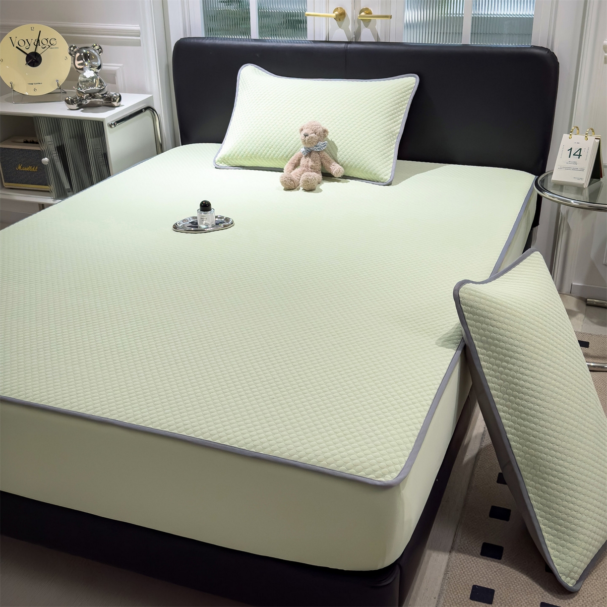 91家纺网 家纺一手货源 找家纺 乐家欣 2025新款A类5A抗菌级针织豆豆床笠系列 豆豆床笠-嫩绿