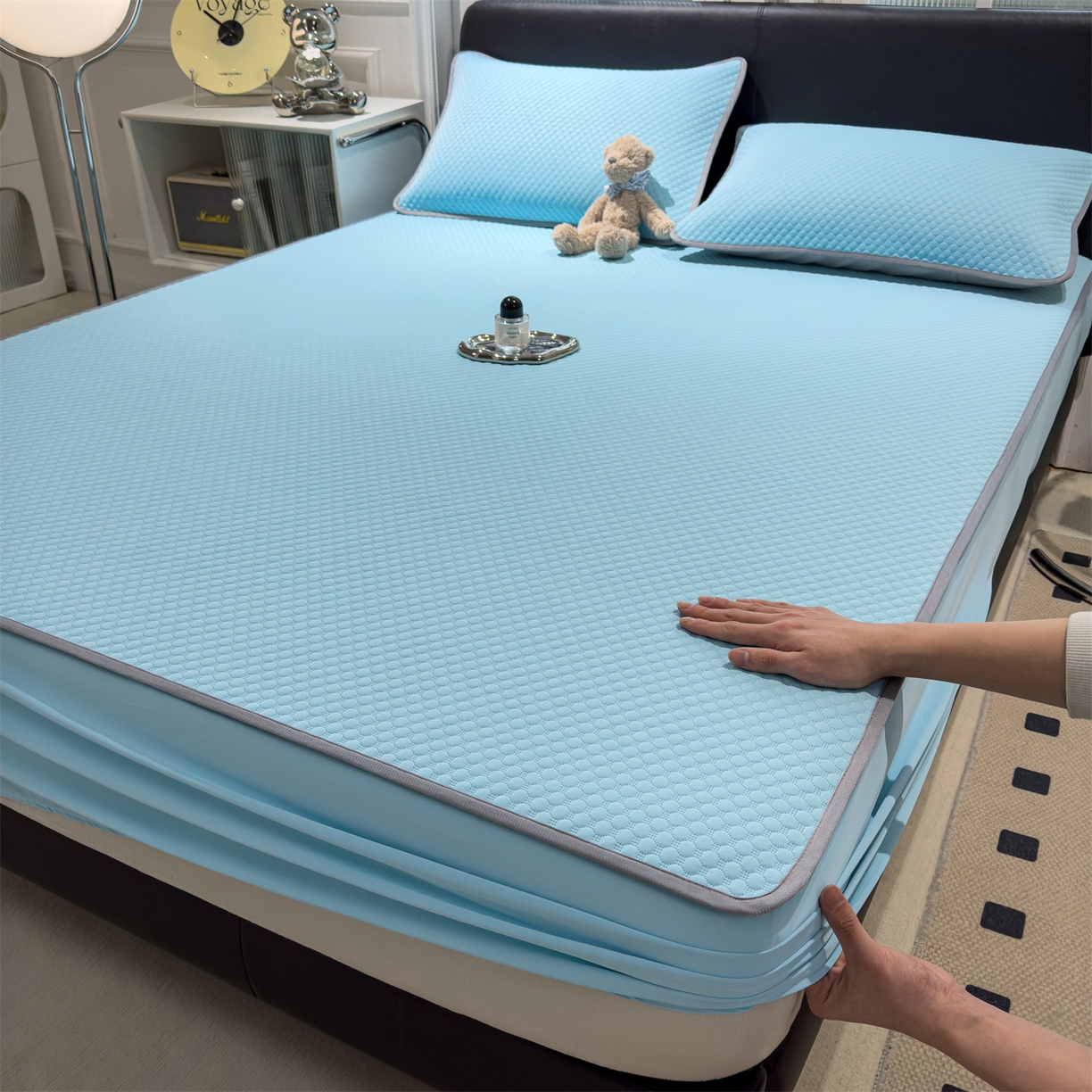 乐家欣 2025新款A类5A抗菌级针织豆豆床笠系列 豆豆床笠-清水蓝