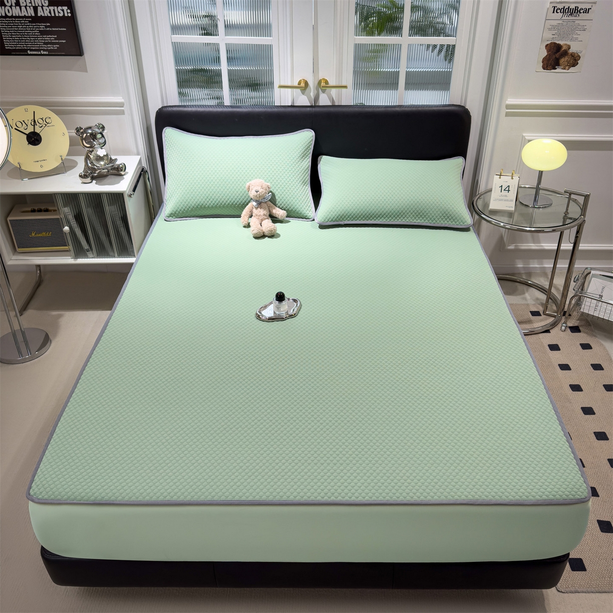 91家纺网 家纺一手货源 找家纺 乐家欣 2025新款A类5A抗菌级针织豆豆床笠系列 豆豆床笠-松绿