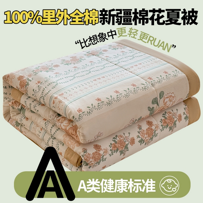 91家纺网 家纺一手货源 找家纺 蓝雀翎 2025新款全棉印花新疆棉花夏被 恋薇