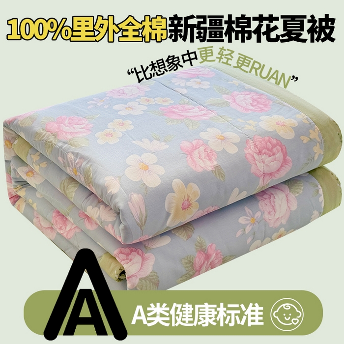 91家纺网 家纺一手货源 找家纺 蓝雀翎 2025新款全棉印花新疆棉花夏被 缤纷花朵