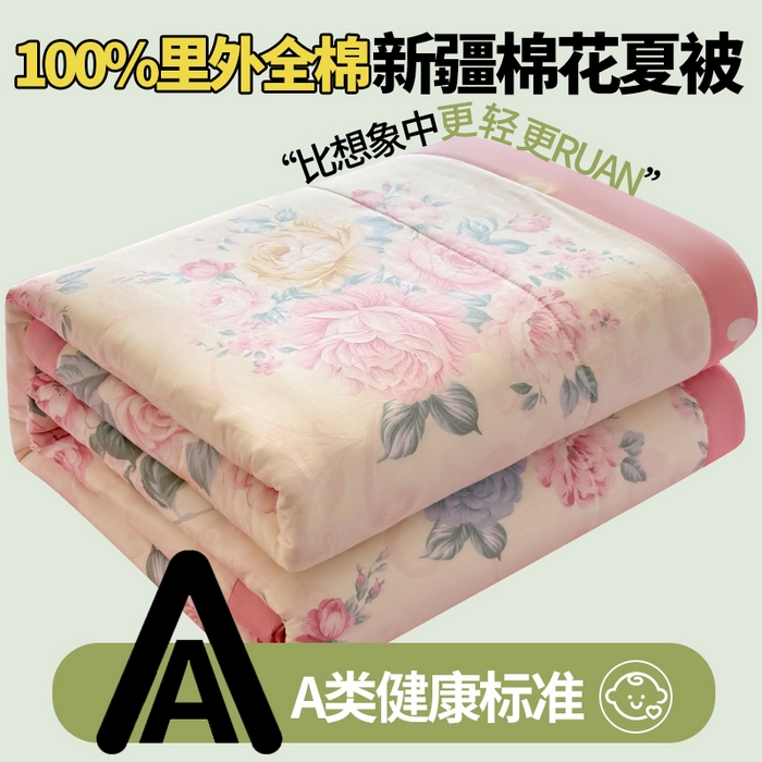 91家纺网 家纺一手货源 找家纺 蓝雀翎 2025新款全棉印花新疆棉花夏被 倾城之恋