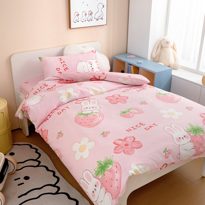 91家纺网 家纺一手货源 找家纺 2025年新款幼儿园全棉被子三件套宝宝入园纯棉六件套被褥午睡被套草莓兔子