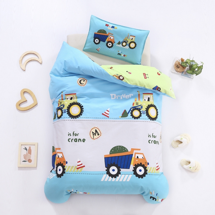 91家纺网 家纺一手货源 找家纺 2025年新款幼儿园全棉被子三件套宝宝入园纯棉六件套被褥午睡被套超级工程车