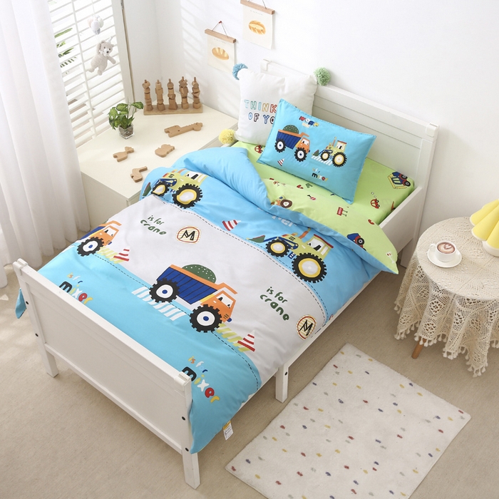 91家纺网 家纺一手货源 找家纺 2025年新款幼儿园全棉被子三件套宝宝入园纯棉六件套被褥午睡被套超级工程车