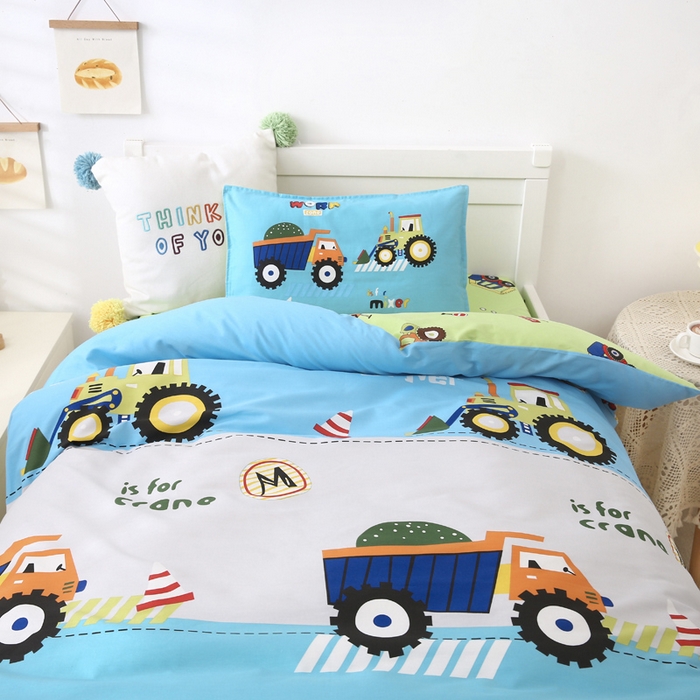 91家纺网 家纺一手货源 找家纺 2025年新款幼儿园全棉被子三件套宝宝入园纯棉六件套被褥午睡被套超级工程车