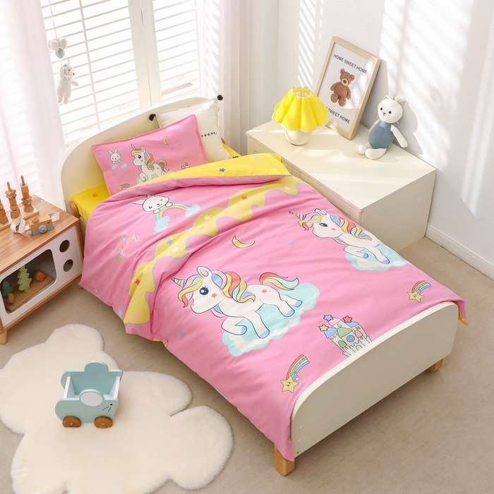 91家纺网 家纺一手货源 找家纺 2025年新款幼儿园全棉被子三件套宝宝入园纯棉六件套被褥午睡被套城堡小马