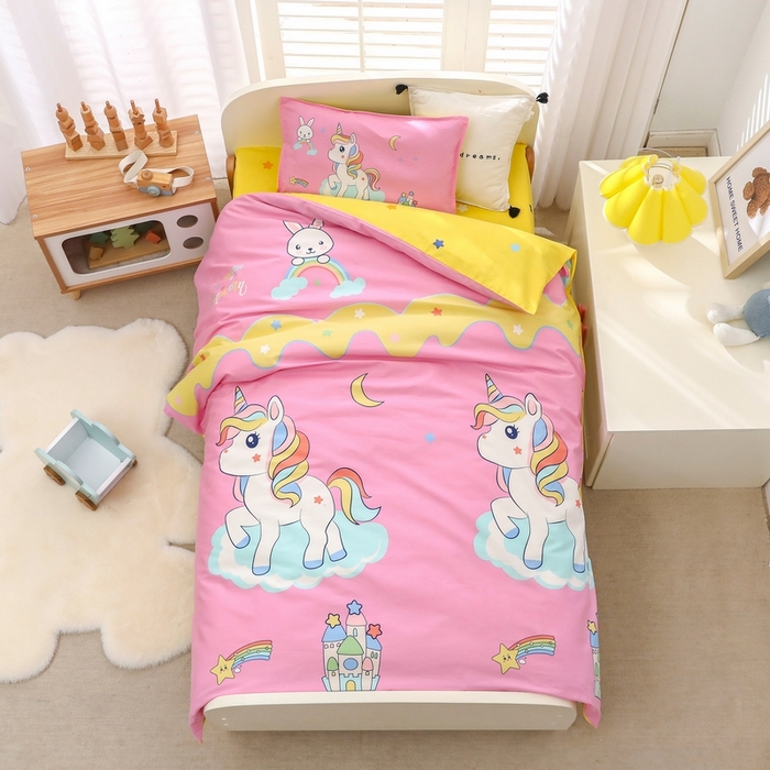 91家纺网 家纺一手货源 找家纺 2025年新款幼儿园全棉被子三件套宝宝入园纯棉六件套被褥午睡被套城堡小马