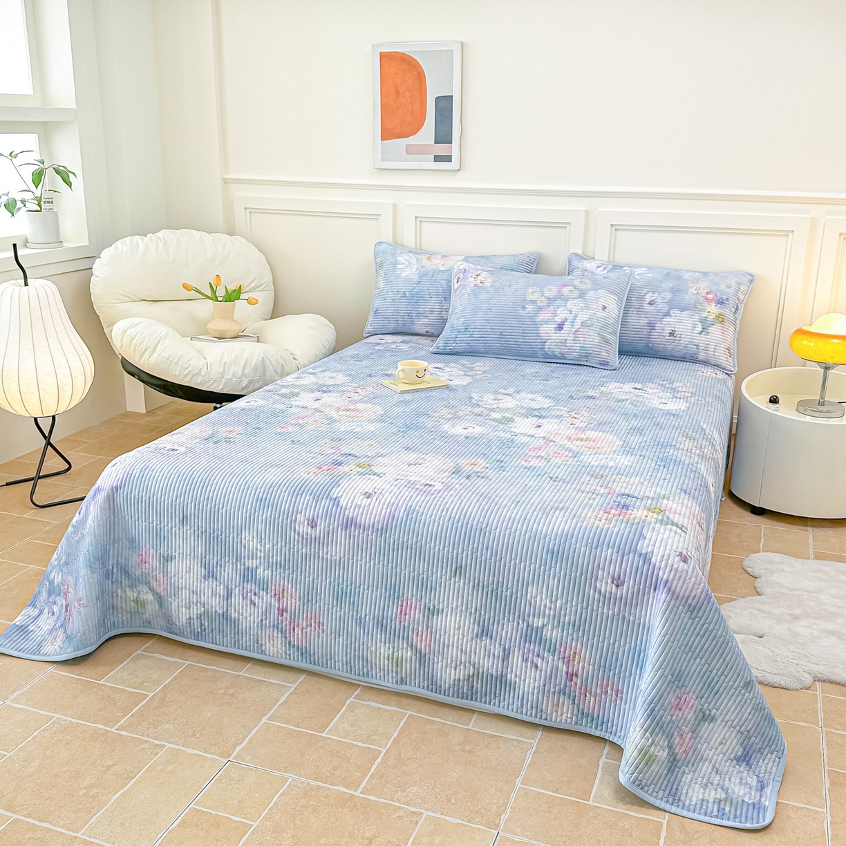 91家纺网 家纺一手货源 找家纺 橘夏家纺 2025新款莱赛尔天丝轻奢风多功能床盖三件套软凉席盖毯 朝花夕拾