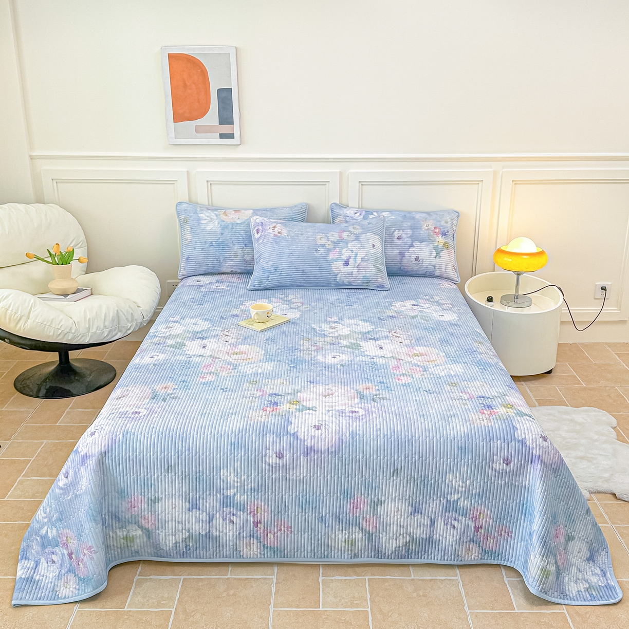 91家纺网 家纺一手货源 找家纺 橘夏家纺 2025新款莱赛尔天丝轻奢风多功能床盖三件套软凉席盖毯 朝花夕拾