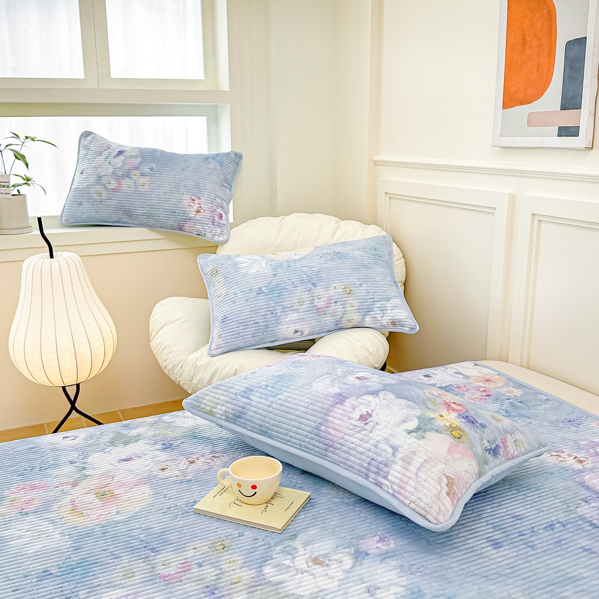 91家纺网 家纺一手货源 找家纺 橘夏家纺 2025新款莱赛尔天丝轻奢风多功能床盖三件套软凉席盖毯 朝花夕拾