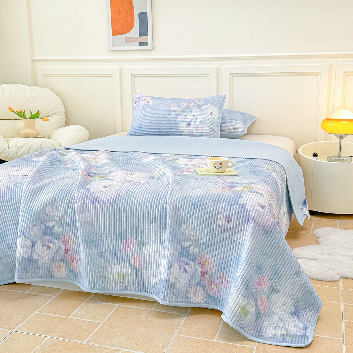 91家纺网 家纺一手货源 找家纺 橘夏家纺 2025新款莱赛尔天丝轻奢风多功能床盖三件套软凉席盖毯 朝花夕拾