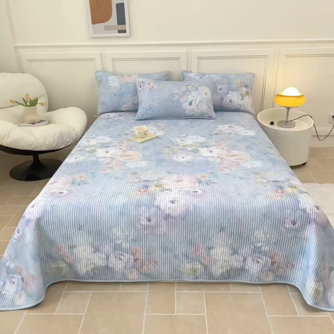 91家纺网 家纺一手货源 找家纺 橘夏家纺 2025新款莱赛尔天丝轻奢风多功能床盖三件套软凉席盖毯 朝花夕拾