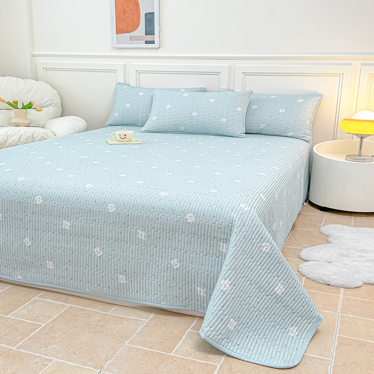 91家纺网 家纺一手货源 找家纺 橘夏家纺 2025新款莱赛尔天丝轻奢风多功能床盖三件套软凉席盖毯 萌宠小奶汪