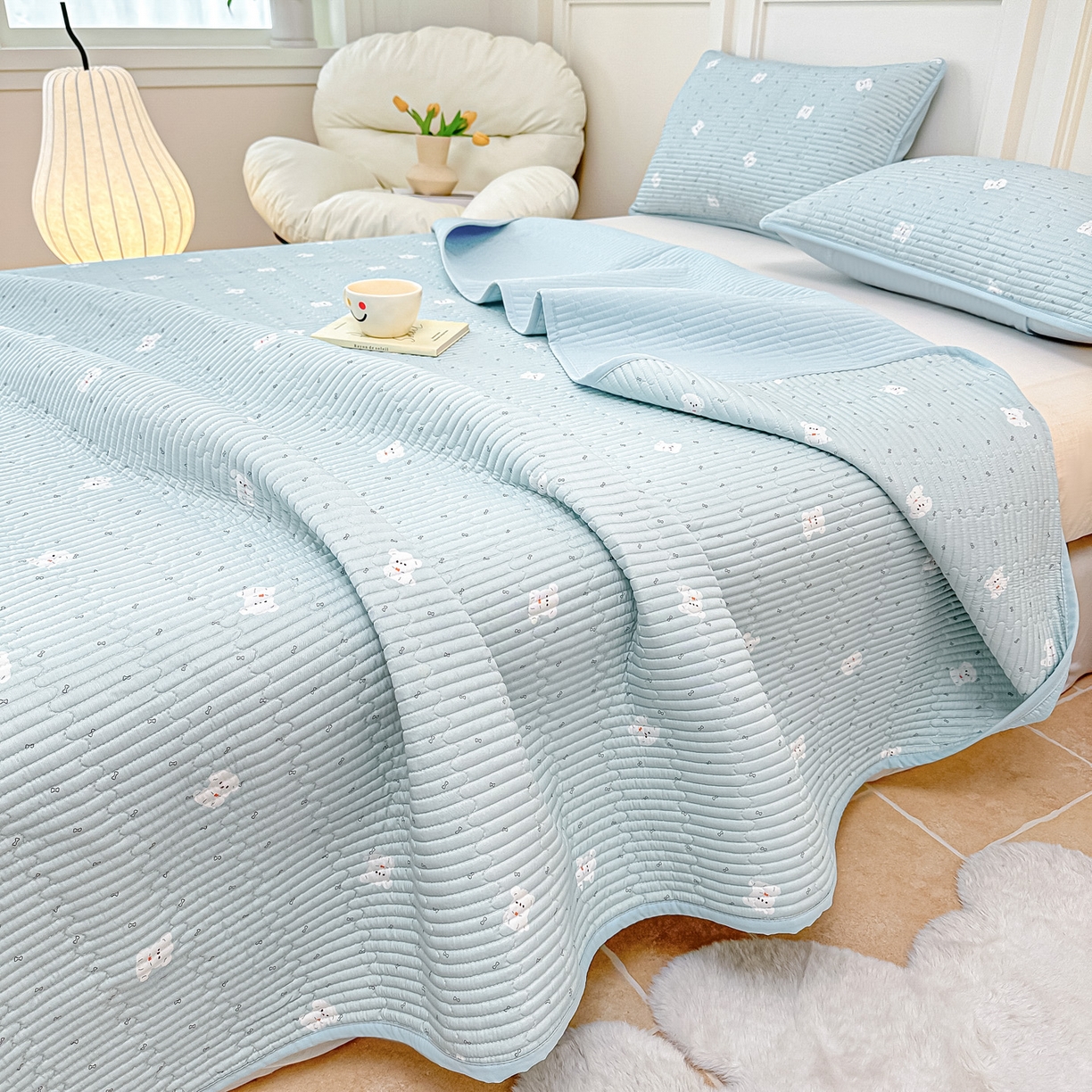 91家纺网 家纺一手货源 找家纺 橘夏家纺 2025新款莱赛尔天丝轻奢风多功能床盖三件套软凉席盖毯 萌宠小奶汪