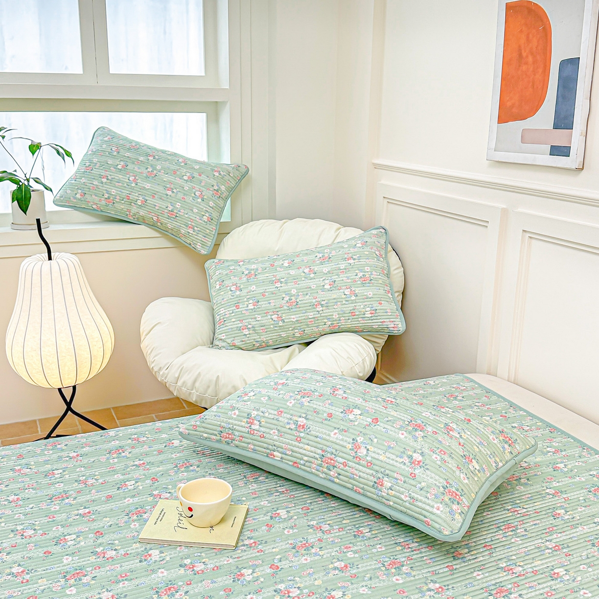 91家纺网 家纺一手货源 找家纺 橘夏家纺 2025新款莱赛尔天丝轻奢风多功能床盖三件套软凉席盖毯 梦幻-绿