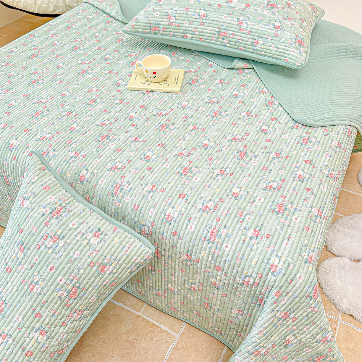 91家纺网 家纺一手货源 找家纺 橘夏家纺 2025新款莱赛尔天丝轻奢风多功能床盖三件套软凉席盖毯 梦幻-绿