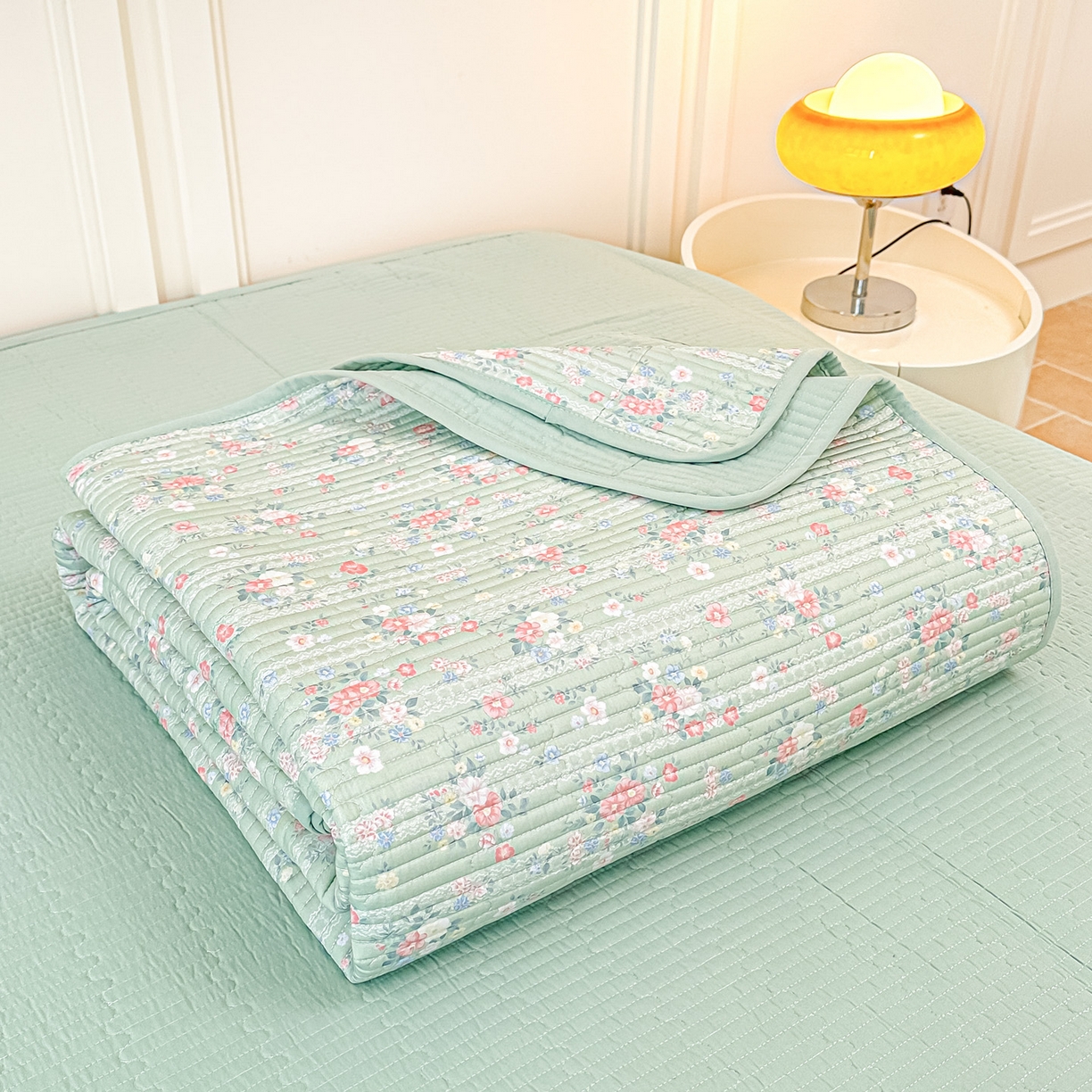 91家纺网 家纺一手货源 找家纺 橘夏家纺 2025新款莱赛尔天丝轻奢风多功能床盖三件套软凉席盖毯 梦幻-绿