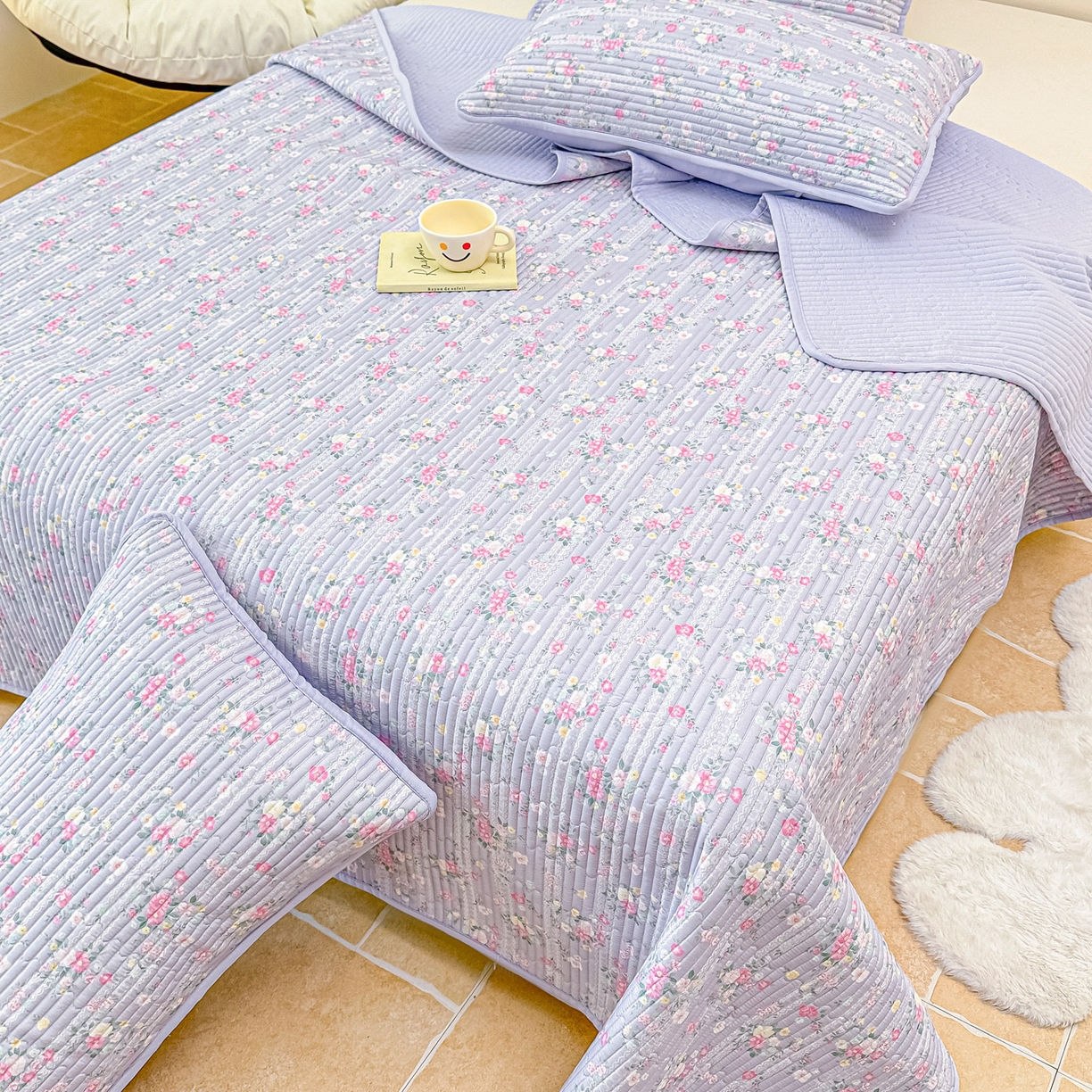 91家纺网 家纺一手货源 找家纺 橘夏家纺 2025新款莱赛尔天丝轻奢风多功能床盖三件套软凉席盖毯 梦幻紫