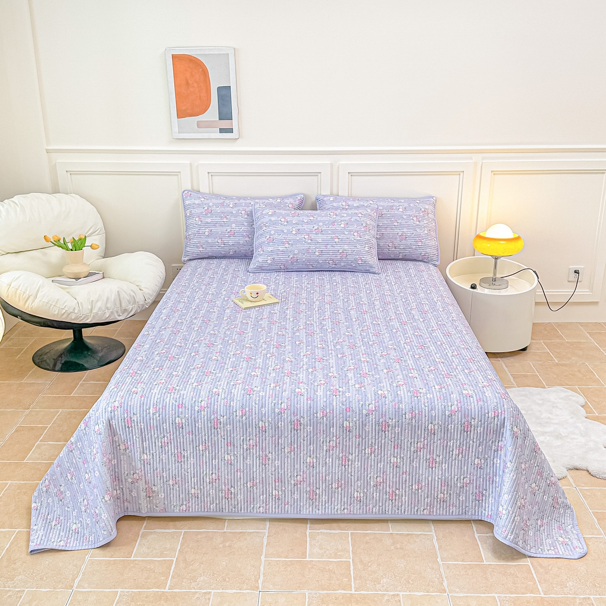 91家纺网 家纺一手货源 找家纺 橘夏家纺 2025新款莱赛尔天丝轻奢风多功能床盖三件套软凉席盖毯 梦幻紫