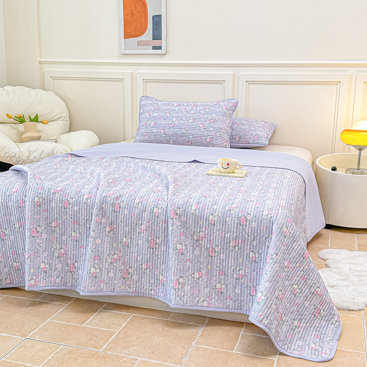 91家纺网 家纺一手货源 找家纺 橘夏家纺 2025新款莱赛尔天丝轻奢风多功能床盖三件套软凉席盖毯 梦幻紫