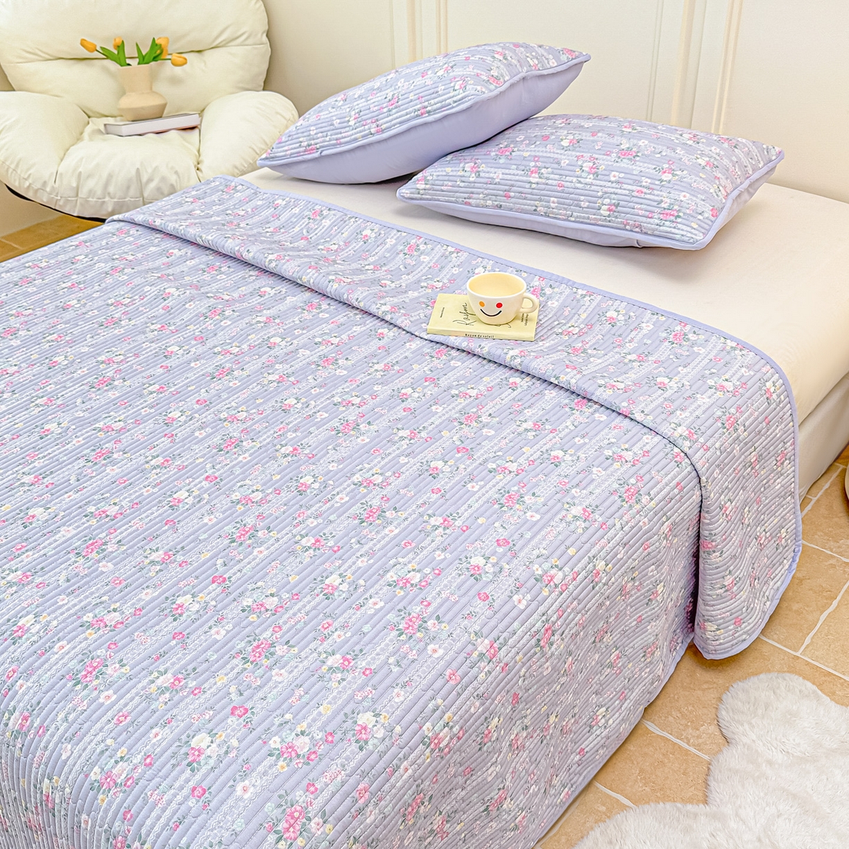 91家纺网 家纺一手货源 找家纺 橘夏家纺 2025新款莱赛尔天丝轻奢风多功能床盖三件套软凉席盖毯 梦幻紫