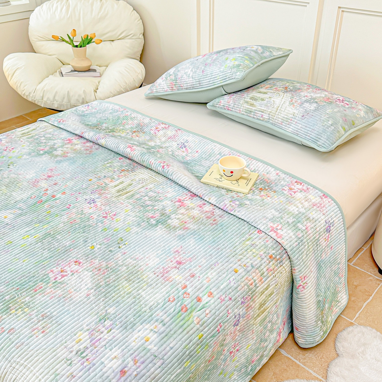 91家纺网 家纺一手货源 找家纺 橘夏家纺 2025新款莱赛尔天丝轻奢风多功能床盖三件套软凉席盖毯 米拉之家