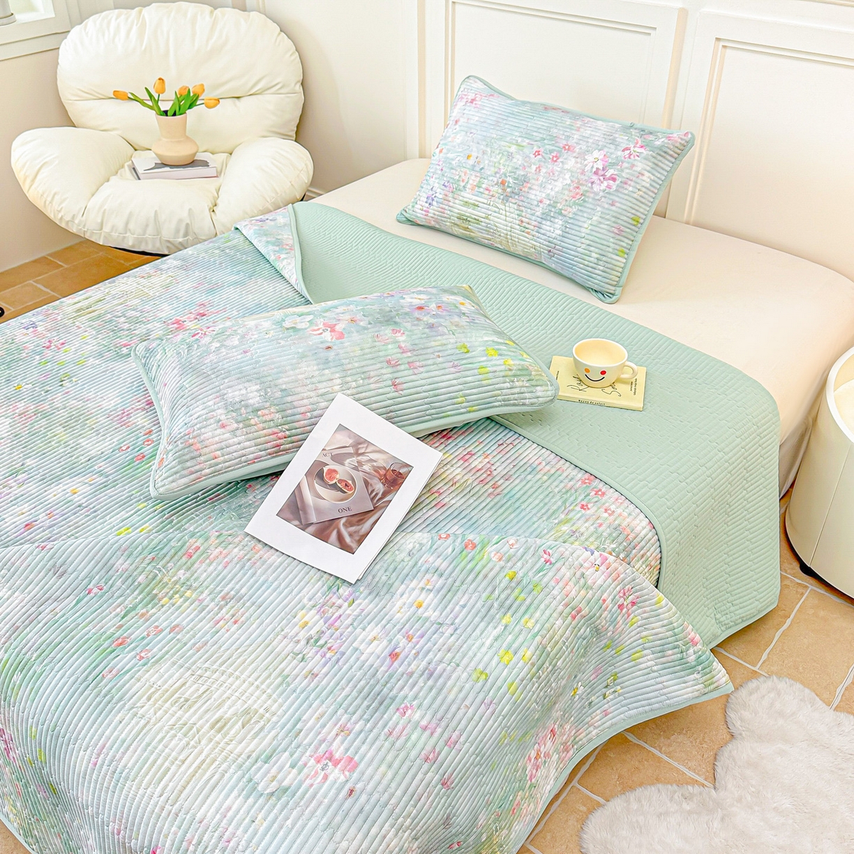 91家纺网 家纺一手货源 找家纺 橘夏家纺 2025新款莱赛尔天丝轻奢风多功能床盖三件套软凉席盖毯 米拉之家