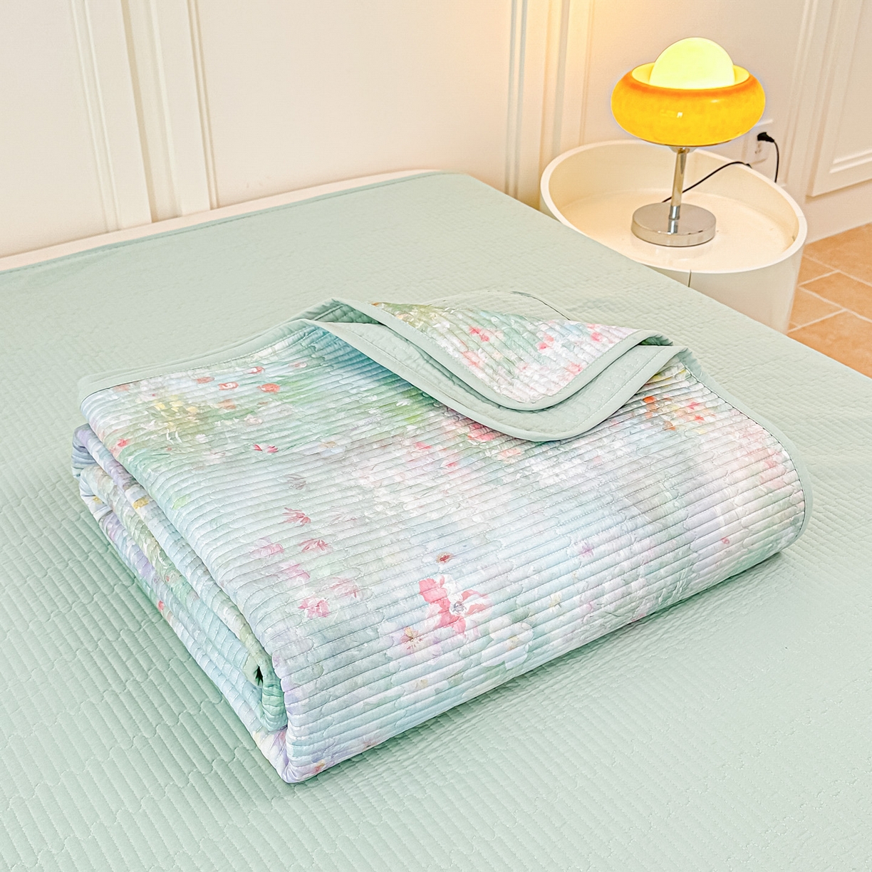 91家纺网 家纺一手货源 找家纺 橘夏家纺 2025新款莱赛尔天丝轻奢风多功能床盖三件套软凉席盖毯 米拉之家