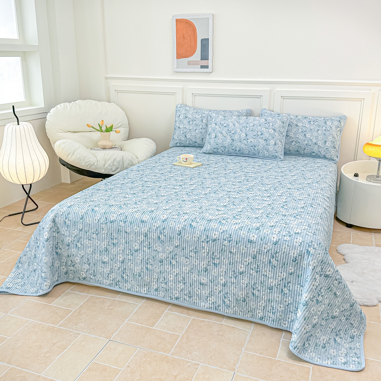 91家纺网 家纺一手货源 找家纺 橘夏家纺 2025新款莱赛尔天丝轻奢风多功能床盖三件套软凉席盖毯 清雅-兰