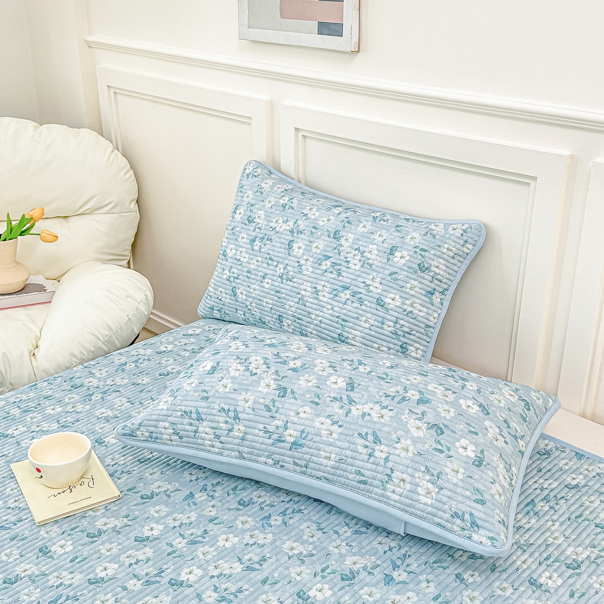 91家纺网 家纺一手货源 找家纺 橘夏家纺 2025新款莱赛尔天丝轻奢风多功能床盖三件套软凉席盖毯 清雅-兰