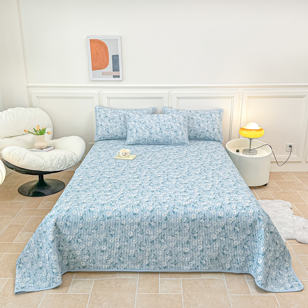 91家纺网 家纺一手货源 找家纺 橘夏家纺 2025新款莱赛尔天丝轻奢风多功能床盖三件套软凉席盖毯 清雅-兰