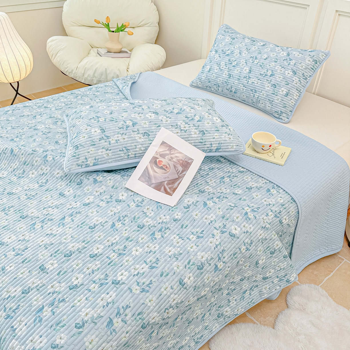 91家纺网 家纺一手货源 找家纺 橘夏家纺 2025新款莱赛尔天丝轻奢风多功能床盖三件套软凉席盖毯 清雅-兰