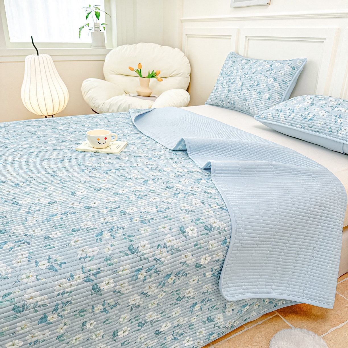 91家纺网 家纺一手货源 找家纺 橘夏家纺 2025新款莱赛尔天丝轻奢风多功能床盖三件套软凉席盖毯 清雅-兰