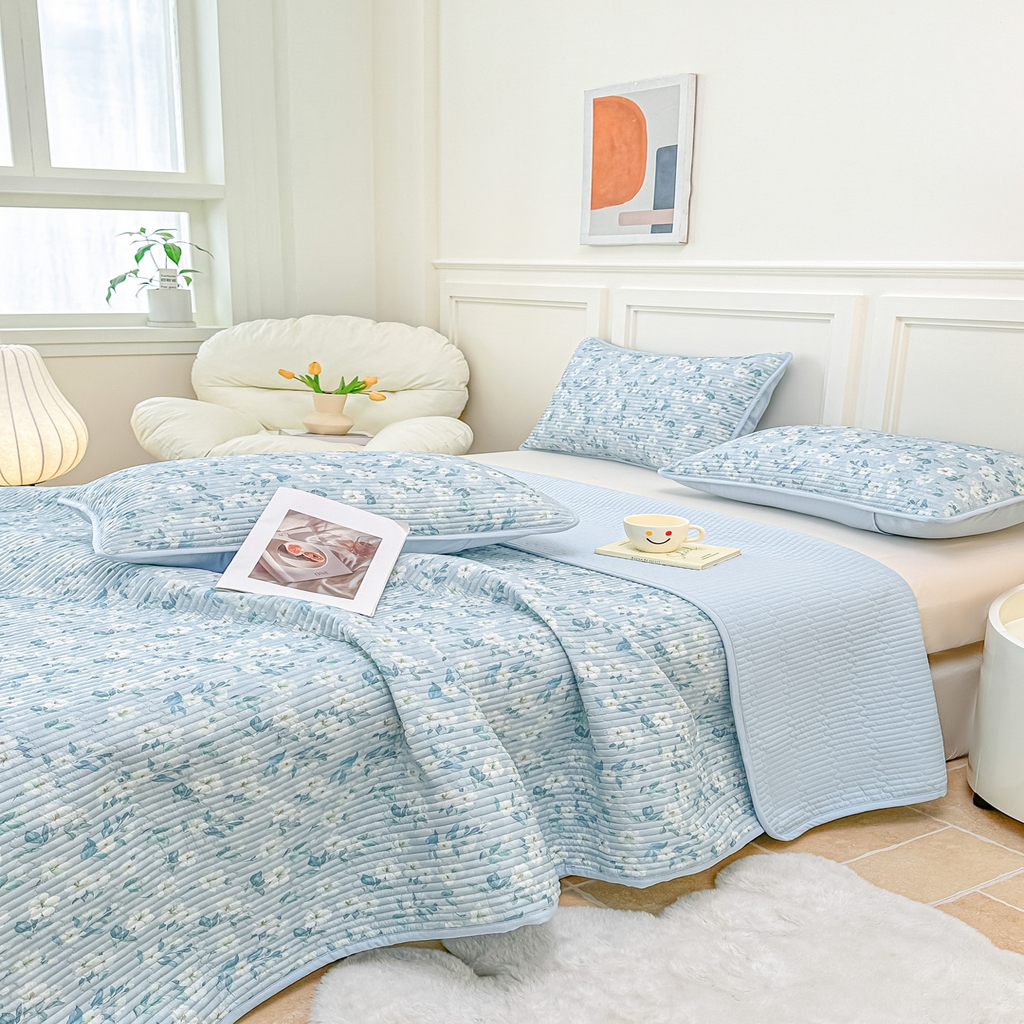 91家纺网 家纺一手货源 找家纺 橘夏家纺 2025新款莱赛尔天丝轻奢风多功能床盖三件套软凉席盖毯 清雅-兰