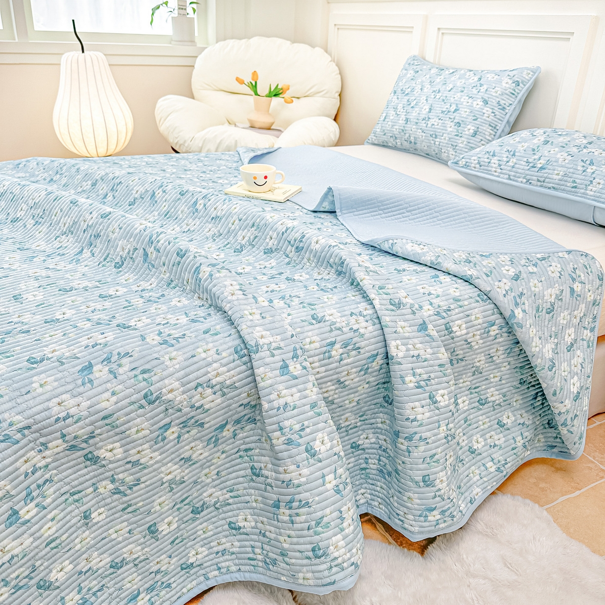 91家纺网 家纺一手货源 找家纺 橘夏家纺 2025新款莱赛尔天丝轻奢风多功能床盖三件套软凉席盖毯 清雅-兰