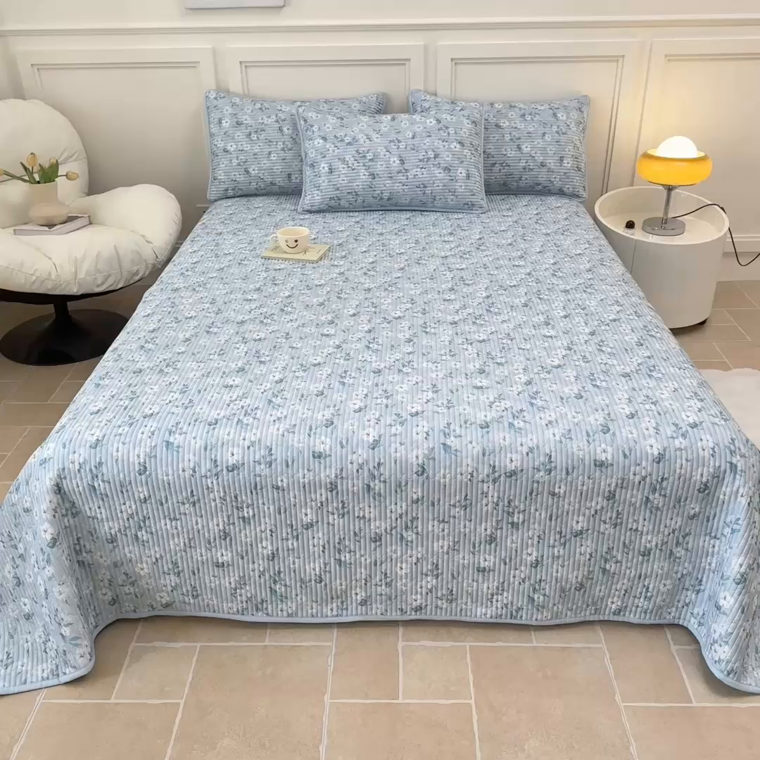 91家纺网 家纺一手货源 找家纺 橘夏家纺 2025新款莱赛尔天丝轻奢风多功能床盖三件套软凉席盖毯 清雅-兰