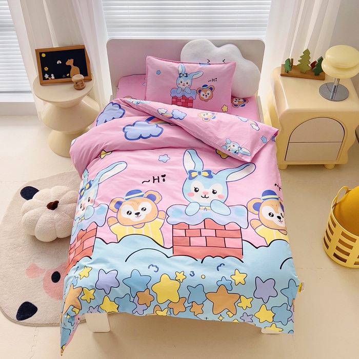 91家纺网 家纺一手货源 找家纺 2025年新款幼儿园全棉被子三件套宝宝入园纯棉六件套被褥午睡被套呆萌小兔