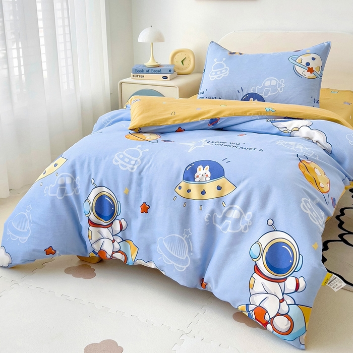 91家纺网 家纺一手货源 找家纺 2025年新款幼儿园全棉被子三件套宝宝入园纯棉六件套被褥午睡被套飞向太空