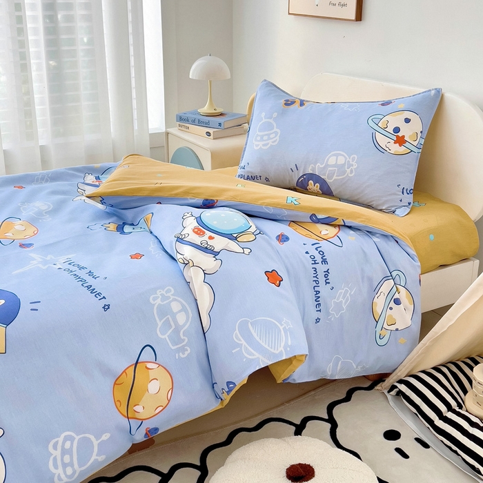 91家纺网 家纺一手货源 找家纺 2025年新款幼儿园全棉被子三件套宝宝入园纯棉六件套被褥午睡被套飞向太空
