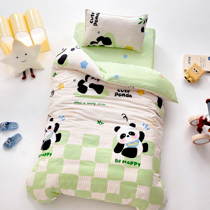 91家纺网 家纺一手货源 找家纺 2025年新款幼儿园全棉被子三件套宝宝入园纯棉六件套被褥午睡被套格子熊猫