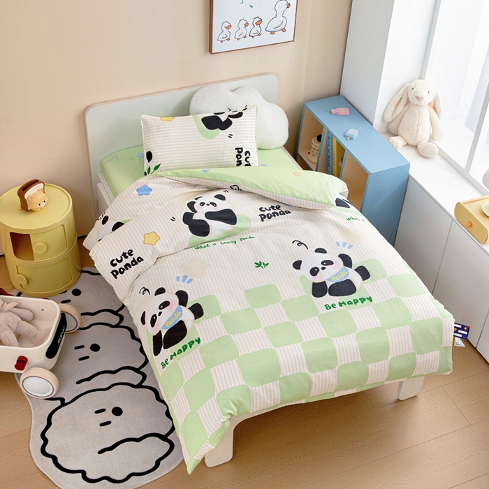 91家纺网 家纺一手货源 找家纺 2025年新款幼儿园全棉被子三件套宝宝入园纯棉六件套被褥午睡被套格子熊猫